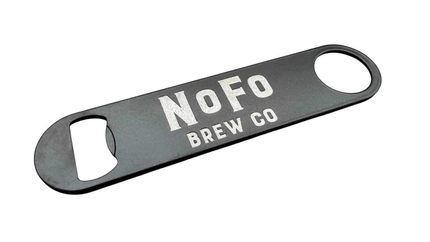 Gray bottle opener branded for NoFo Brew Co.