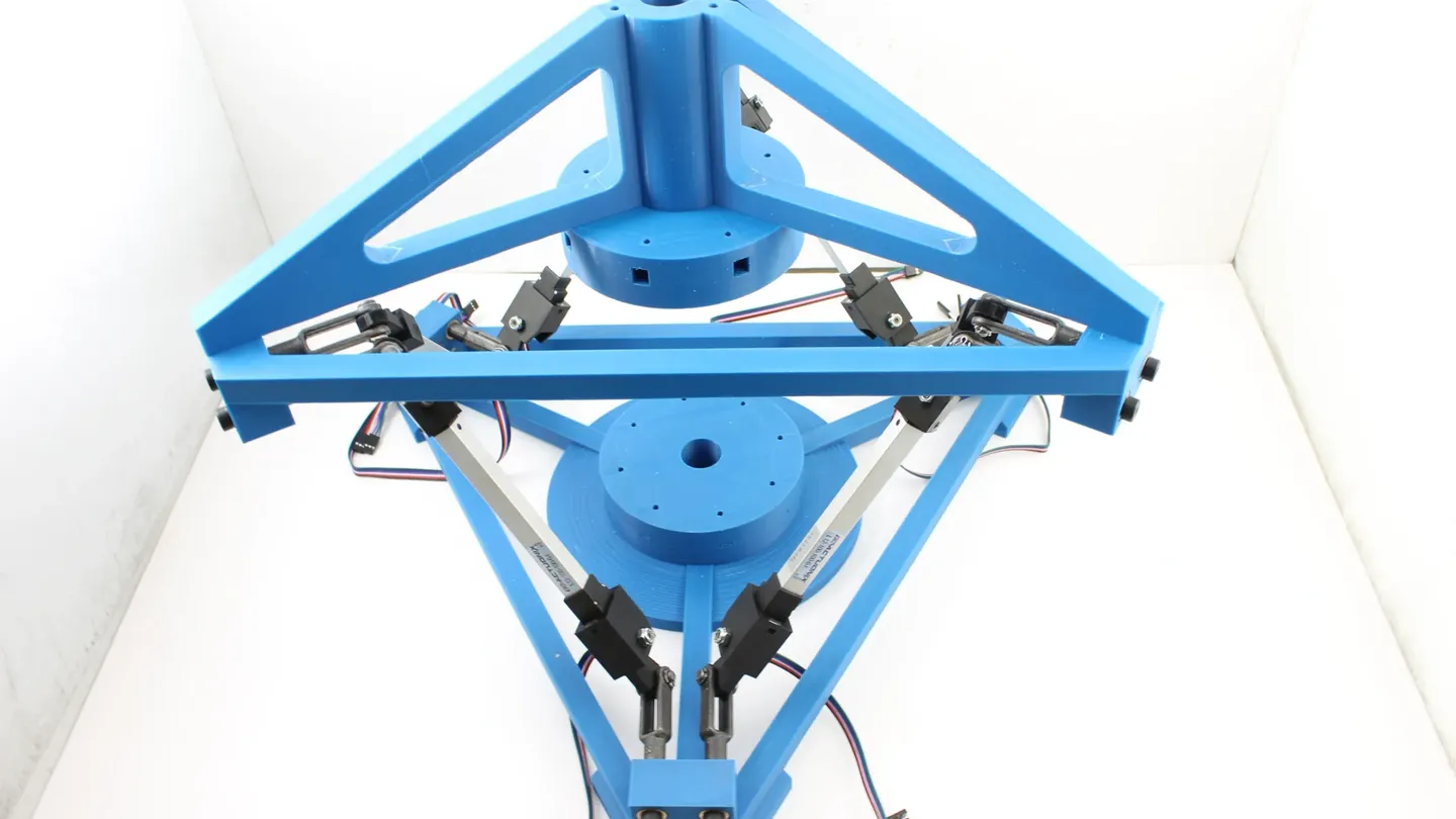 A fully assembled delta-robot frame, 3D-printed in blue