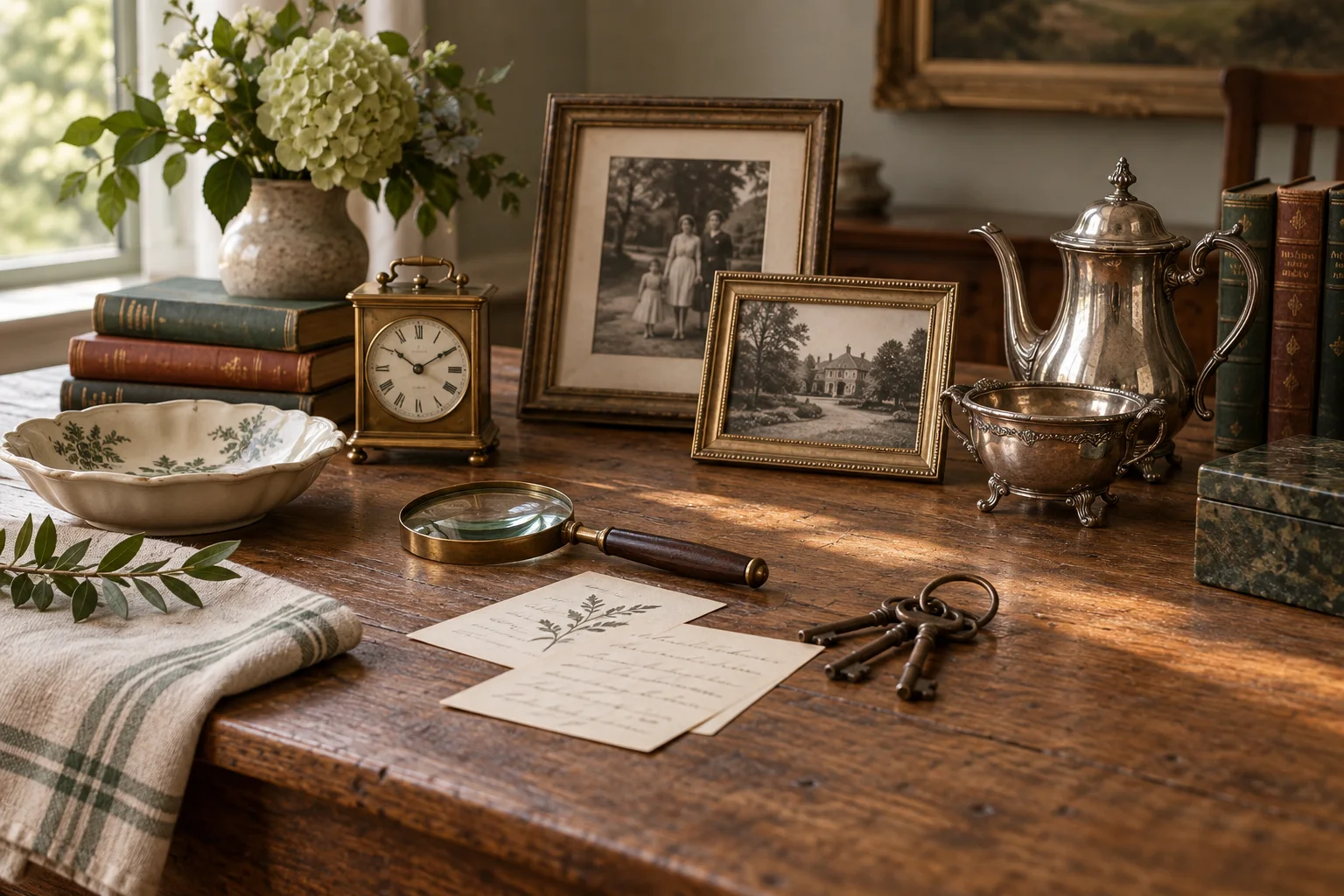 A quiet tabletop arrangement of an antique clock, framed photographs, books, silver pieces, and keys.