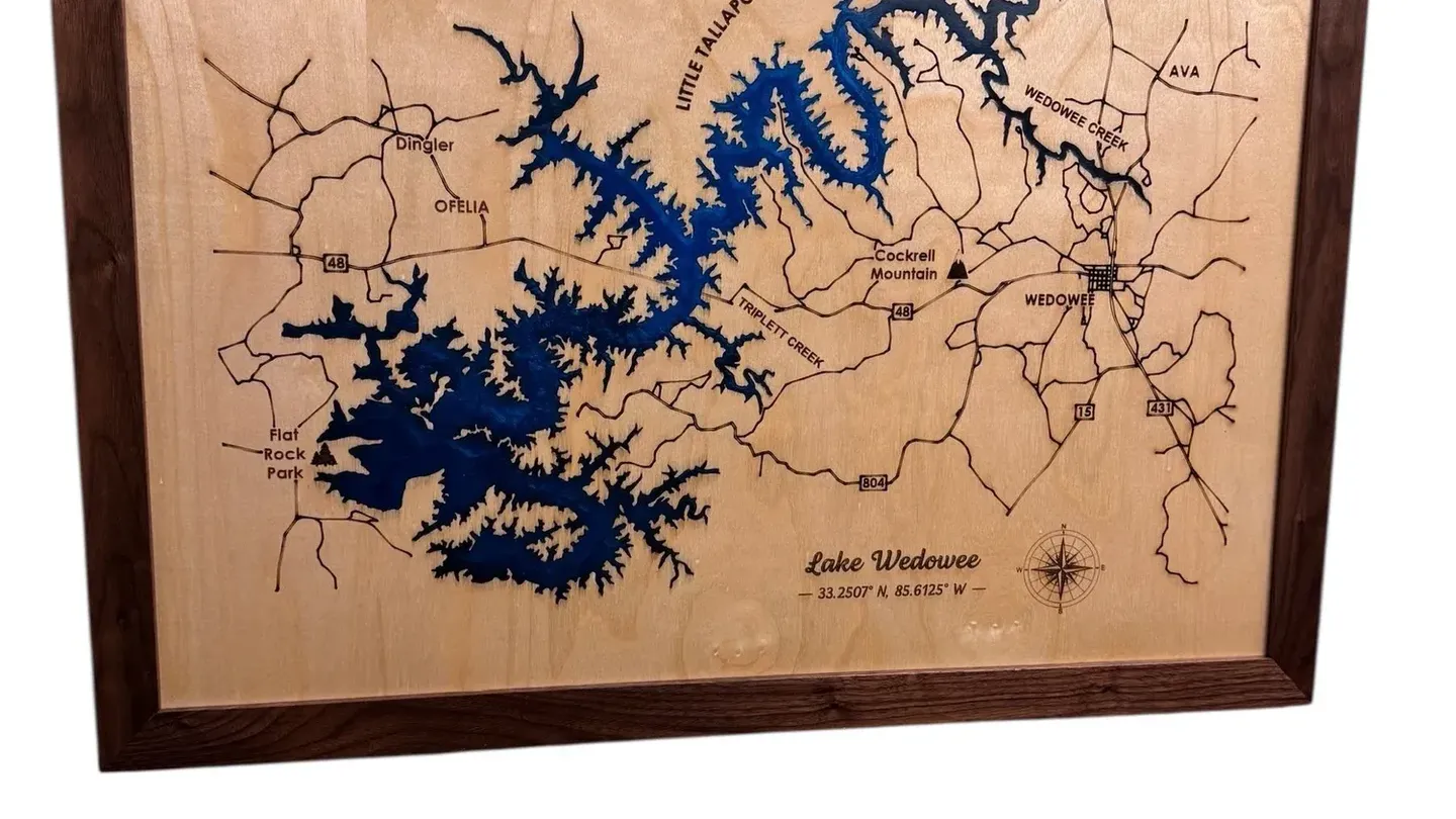 Framed wooden map of Lake Wedowee with roads and creeks