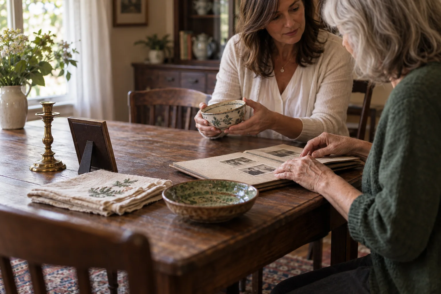 Two people thoughtfully sorting family photographs and household heirlooms together at a dining table