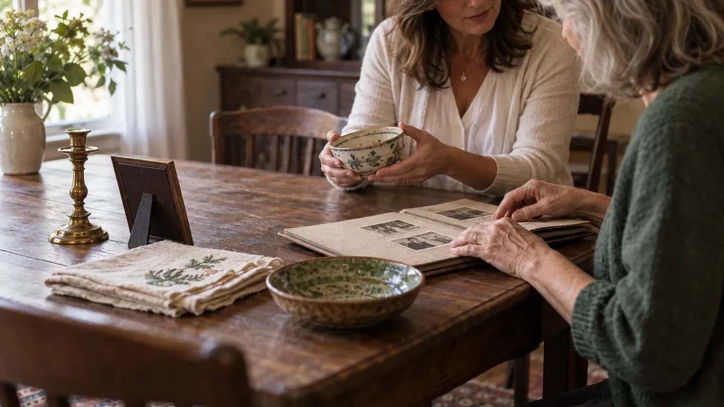 Two people thoughtfully sorting family photographs and household heirlooms together at a dining table