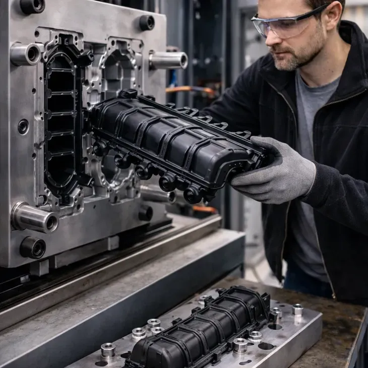 A technician removing a black molded housing from a production mold on the shop floor