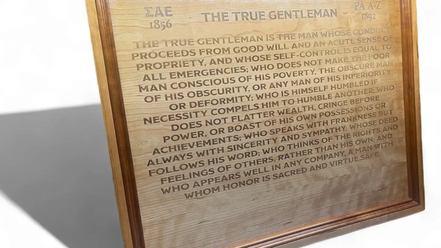 Large engraved True Gentleman plaque made from cherry wood